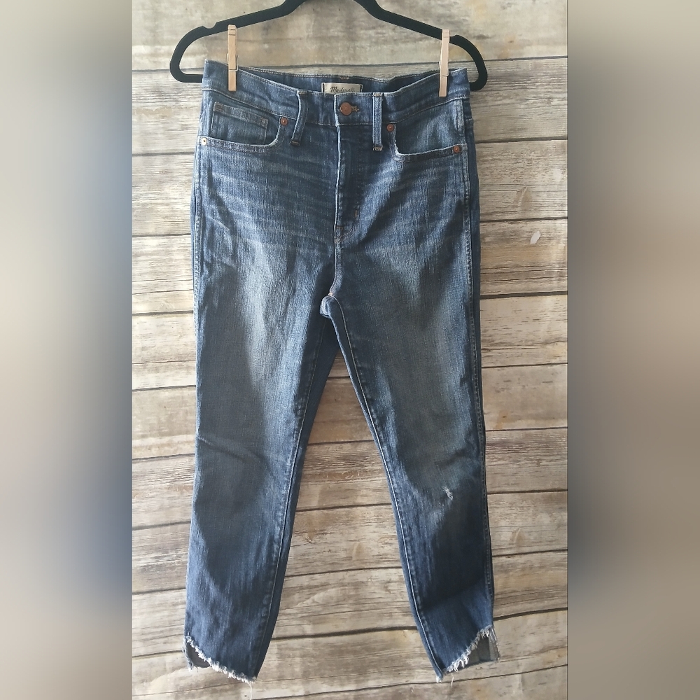 Madewell Highrise Dark Blue Cropped Jeans, Distressed